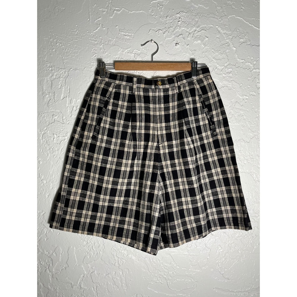 White Stag Size 10 Black Plaid Linen Blend Bermuda Shorts High Rise 90s
